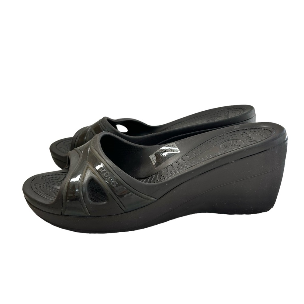CROCS Chocolate Brown Criss Cross Slide Wedge Sandals 9